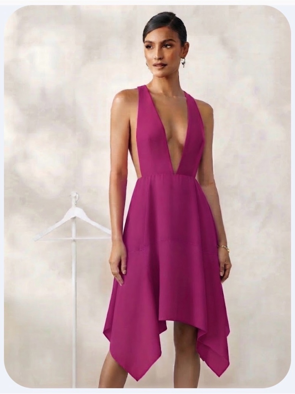 Vici Magenta Plunge V-Neck Asymmetrical Handkerchief Hem Dress
